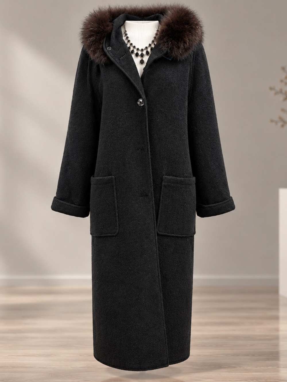 London Fog Women's Black Long Trench Coat with Fur-Trim Hood
